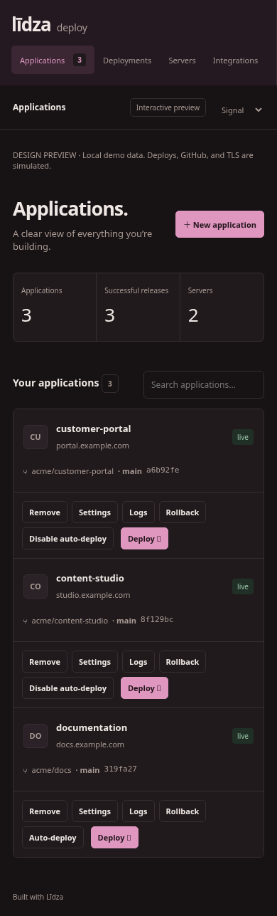 Mobile layout of an early Līdza Deploy Signal interface preview.