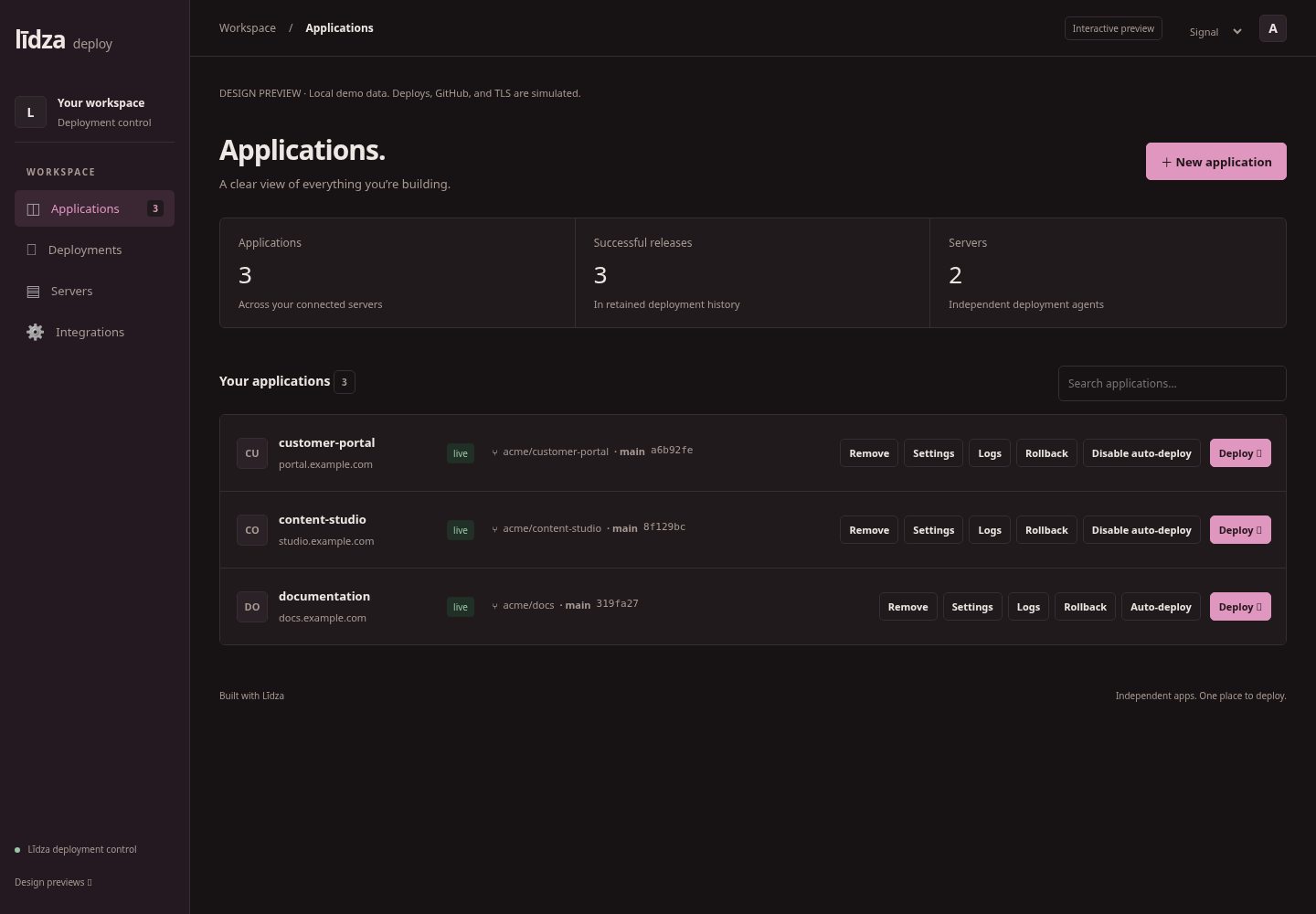 An early Līdza Deploy Signal interface preview showing applications and deployment controls.