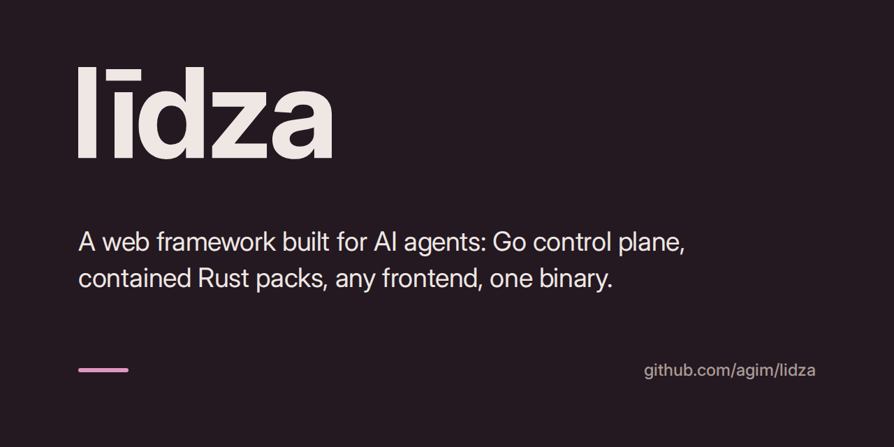Līdza framework brand artwork describing its Go control plane, optional Rust packs, frontend support, and binary packaging.